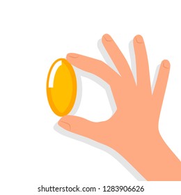 Hand holding fish oil capsule. Clipart image isolated on white background