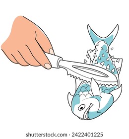 Mano sosteniendo una herramienta de limpieza de escala de pescado para eliminar la ilustración vectorial de las balanzas de peces