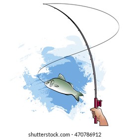 hand holding a fishing rod & big fish in color-vector drawing