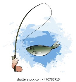 hand holding a fishing rod with big fish in color-vector drawing