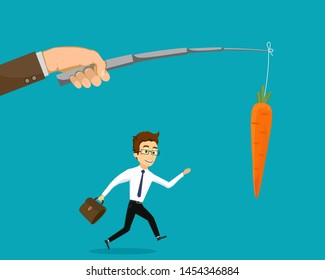 Hand holding a fishing rod with a carrot. Businessman running for the bait. Vector illustration.