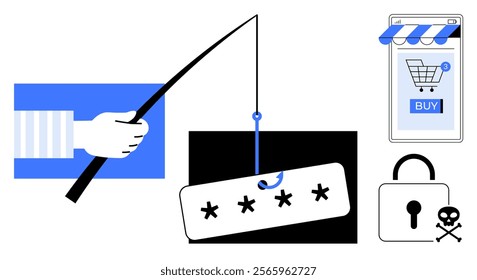 A hand holding a fishing rod hooks a password. Nearby, a lock, shopping cart and warning symbol illustrate cyber threats. Ideal for cybersecurity, online safety, phishing awareness, digital security