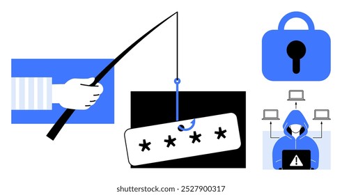 A hand holding a fishing rod with a password, a padlock icon symbolizing security, and a hacker in front of networked computers. Ideal for cybersecurity, online security, hacker awareness, phishing