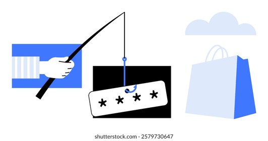 A hand holding a fishing rod with a password symbol, a cloud, and a shopping bag symbolize cybersecurity threats. Ideal for cybersecurity, phishing awareness, data protection, online security