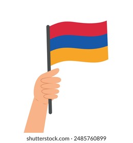 Mano sosteniendo una bandera de Armenia. Ilustración vectorial de la bandera armenia en estilo plano aislado sobre fondo blanco.