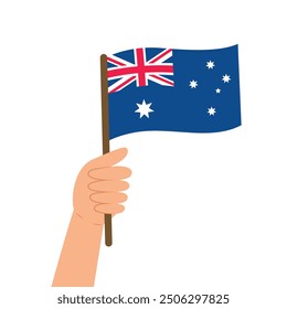 Mano sosteniendo una bandera de Australia. Ilustración vectorial de la bandera australiana en estilo plano aislado sobre fondo blanco.