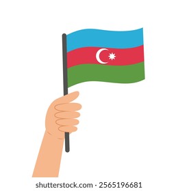 Hand holding a flag of Azerbaijan. Vector illustration of the Azerbaijan flag in flat style isolated on white background.