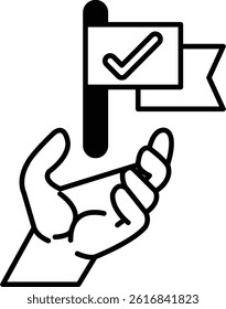 A hand holding a flag with a check mark