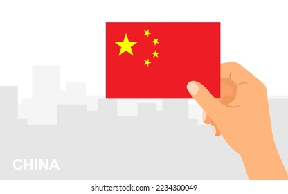 Hand holding the flag of China on the background of the city in minimal flat style. Vector illustration