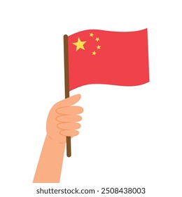 Hand, die eine Flagge von China hält. Vektorgrafik der chinesischen Flagge im flachen Stil, einzeln auf weißem Hintergrund.