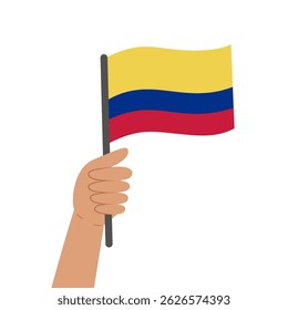 Mão segurando uma bandeira da Colômbia. Ilustração vetorial da bandeira colombiana em estilo plano isolada no fundo branco.