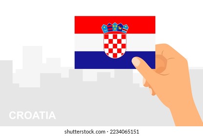 Hand holding the flag of Croatia on the background of the city in minimal flat style. Vector illustration