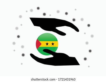 Mano con la bandera de Santo Tomé y Príncipe en el símbolo del ciclo, Proteger a la gente de Santo Tomé y Príncipe del coronavirus o concepto COVID-19, Salvar Santo Tomé y Príncipe, símbolo de símbolo de símbolo, ilustración vectorial.