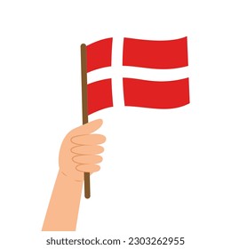 Hand holding a flag of Denmark. Vector illustration of Danish flag in flat style isolated on white background.