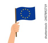 Hand holding a flag of the European Union. Vector illustration of the EU flag in flat style isolated on white background.