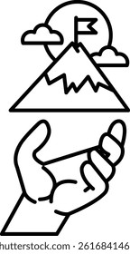 A hand holding a flag in front of a mountain