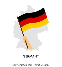 Mano que sostiene la bandera de Alemania en una silueta gris del mapa