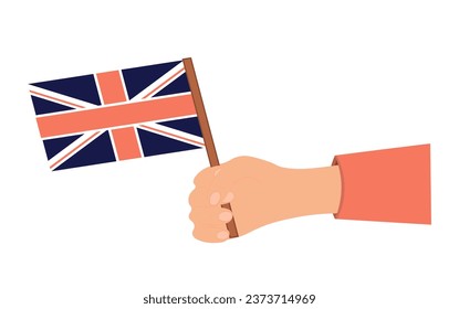 Hand holding flag of Great Britain on plain background, flat vector illustration
