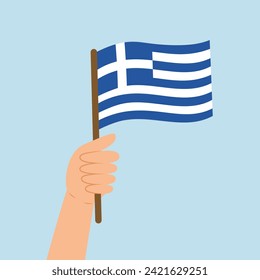 Hand holding a flag of Greece. Vector illustration of the Greek flag in flat style isolated on blue background.