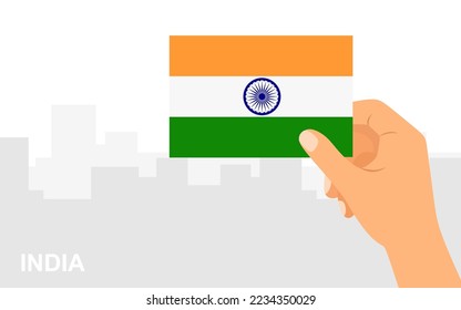 Mano sosteniendo la bandera de la India en el fondo de la ciudad en un mínimo de estilo plano. Ilustración del vector