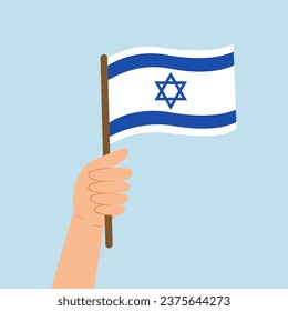 Hand holding a flag of Israel. Vector illustration of Israeli flag in flat style isolated on blue background.