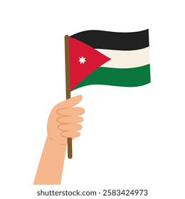 Hand holding a flag of Jordan. Vector illustration of the Jordan flag in flat style isolated on white background.
