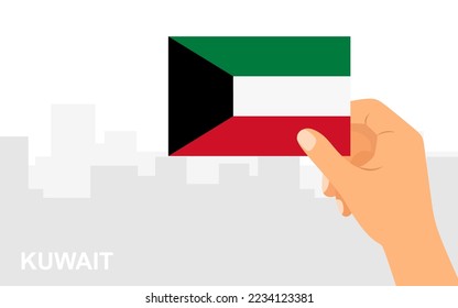 Mano sosteniendo la bandera de Kuwait en el fondo de la ciudad en un mínimo de estilo plano. Ilustración del vector