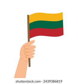 Hand holding a flag of Lithuania. Vector illustration of the Lithuanian flag in flat style isolated on while background.