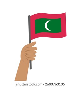 Hand holding a flag of the Maldives. Vector illustration of the Maldive islands flag in flat style isolated on white background.