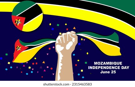 a hand holding the flag of Mozambique with the background of the Mozambique flag and bold text commemorating the Independence Day of Mozambique
