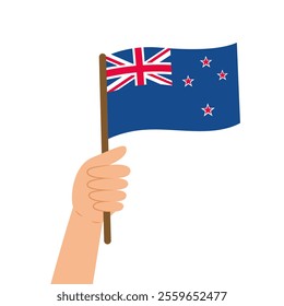 Hand holding a flag of New Zealand. Vector illustration of the New Zealand flag in flat style isolated on white background.