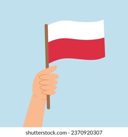 Hand holding a flag of Poland. Vector illustration of Polish flag in flat style isolated on white background.