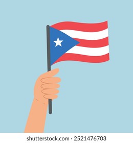 Mão segurando uma bandeira de Porto Rico. Ilustração vetorial da bandeira de Porto Rico em estilo plano isolada sobre fundo azul.