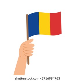 Hand holding a flag of Romania. Vector illustration of the Romanian flag in flat style isolated on white background.