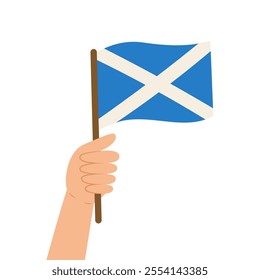 Hand holding a flag of Scotland. Vector illustration of Scottish flag in flat style isolated on white background.