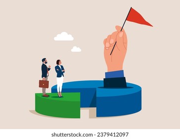 Hand holding flag standing on pie chart win over competitors. Vector illustration