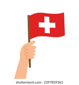 Hand holding a flag of Switzerland. Vector illustration of Swiss flag in flat style isolated on white background.