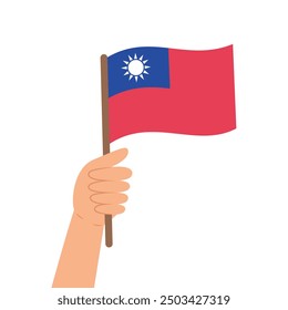 Hand holding a flag of Taiwan. Vector illustration of the Taiwanese flag in flat style isolated on white background.