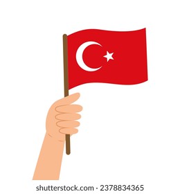 Hand holding a flag of Turkey. Vector illustration of Turkish flag in flat style isolated on white background.