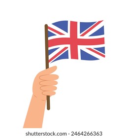 Mano sosteniendo una bandera del Reino Unido. Ilustración vectorial de la bandera del Reino Unido en estilo plano aislado sobre fondo blanco.