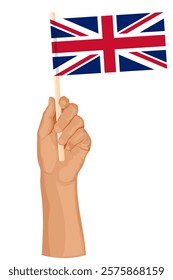 Hand holding the flag of United Kingdom. Patriotic illustration in simple flat style