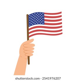 Mano sosteniendo una bandera de los Estados Unidos de América. Ilustración vectorial de la bandera de EE.UU. en estilo plano aislado sobre fondo blanco.