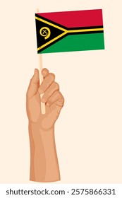 Hand holding the flag of Vanuatu. Patriotic illustration in simple flat style