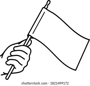 Hand holding flag. Vector outline icon.