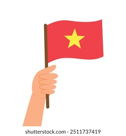 Hand holding a flag of Vietnam. Vector illustration of the Vietnamese flag in flat style isolated on white background.
