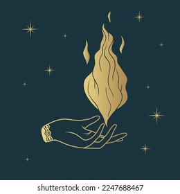 A hand holding a flame. Golden hand drawn vector illustration for witchcraft, esoteric and  magic shop.