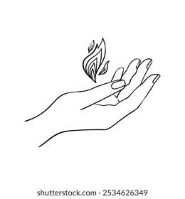 Hand holding a flame, linear icon