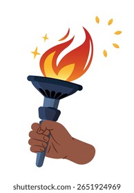 Mão segurando tocha flamejante, estilo gráfico plano. Conceito de liberdade, poder, ativismo, liberdade. Ilustração de vetor plano isolada no plano de fundo branco