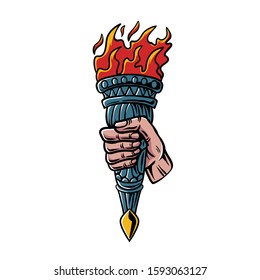 Hand holding flaming torch illustration. Pop art design of torch for tshirt, poster, sticker, banner,  web landing page, or poster