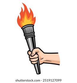 Hand holding flaming torch symbolizing freedom and victory in a powerful illustration